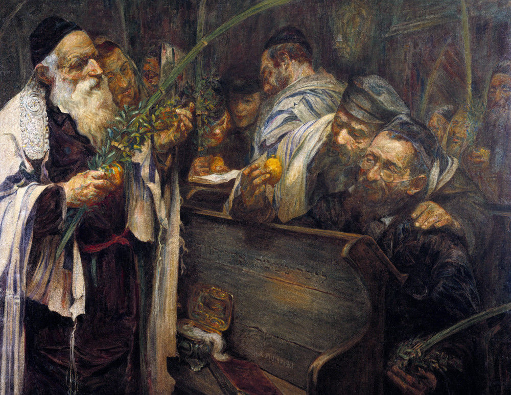 Pictură de Leopold Pilichowski, Sukkot în sinagogă. Sursa Wikipedia.